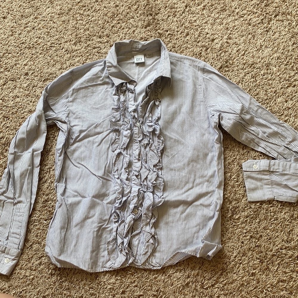 DKNY City Pinstripe Ruffle Button-up Dress Shirt